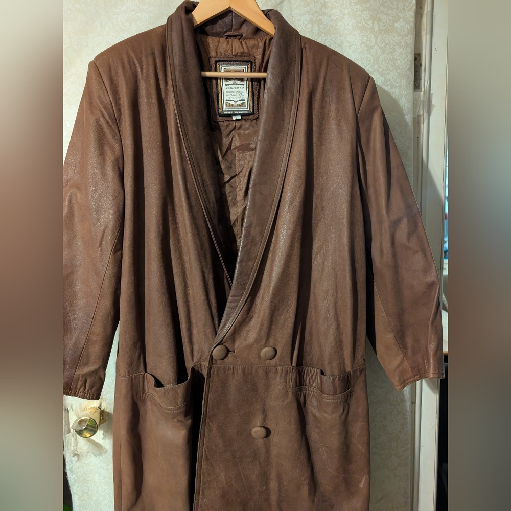G111 Vintage Brown Leather Trench Coat 80s - Picture 6 of 16